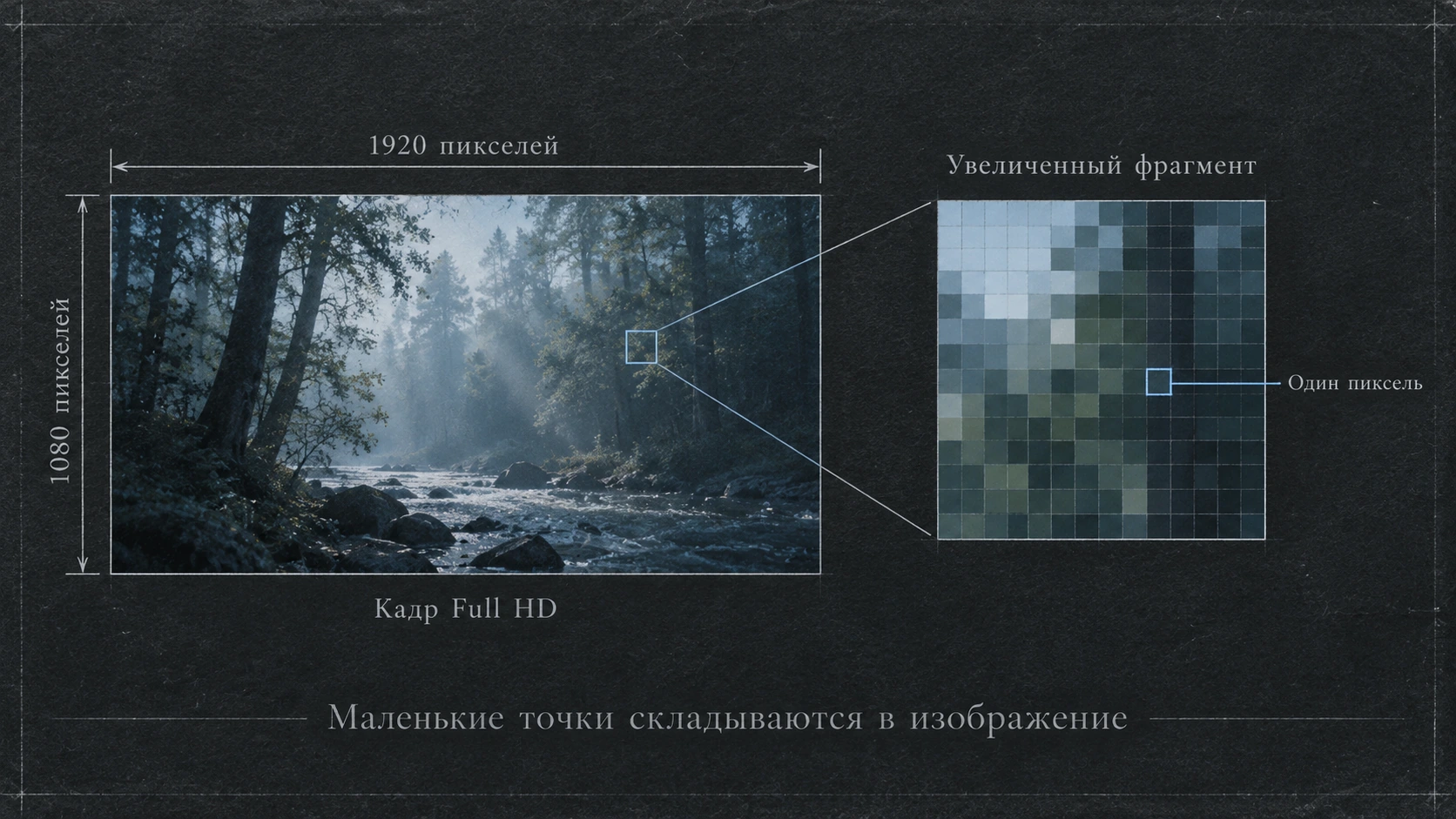 Схема изображения Full HD: 1920 пикселей по ширине и 1080 по высоте, отдельные точки складываются в кадр
